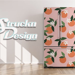 Modern Oranges White Flowers Floral Fruit Refrigerator Fridge Freezer Wrap Side by Side Top Bottom Door Vinyl Mural Skin Decal Removable