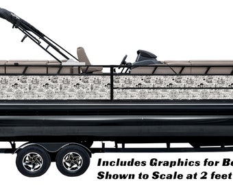 May include: Black and white boat graphic design featuring a nautical theme. The design includes a compass, ships, and other nautical symbols. The design is shown to scale at 2 feet tall by 24 feet long.
