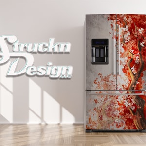 Japanese Style Sakura Branch Watercolor Refrigerator Fridge Freezer Wrap Side by Side Top Bottom Door Vinyl Mural Skin Decal Removable