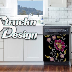 Pink Magenta Yellow Line Art Flower Vine Dishwasher Wrap Dishes Front Door Vinyl Mural Skin Decal Removable