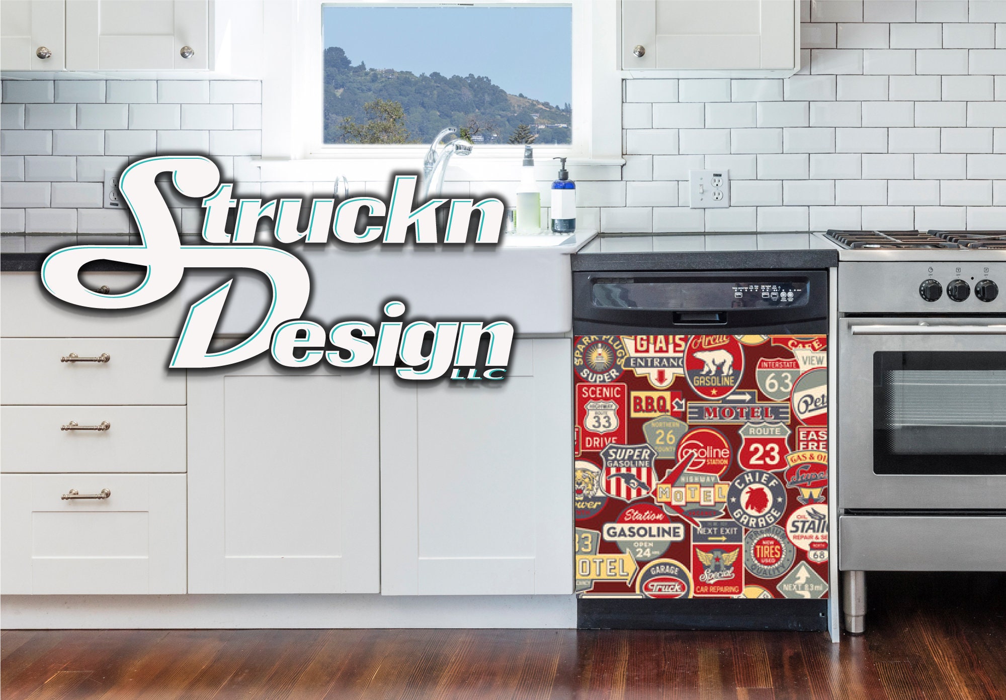 Road Signs Pattern Dishwasher Wrap Dishes Front Door Vinyl Mural Skin ...