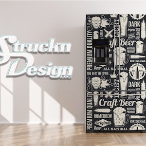 Graphic Distressed Beige Black Beer Hops Refrigerator Fridge Freezer Wrap Side by Side Top Bottom Door Vinyl Mural Skin Decal Removable