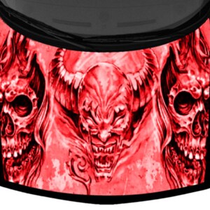 Dämon Schädel Tattoo Teufel Hörner Licht rot Pickup Lkw Auto Van Kapuze Wrap Vinyl Grafik Aufkleber 58in x 65in US gemacht gegossen laminiert Option