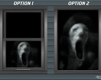 May include: Two windows with black frames, one showing a blurry image of a screaming face and the other showing a solid black background. The text "OPTION 1" is above the first window and "OPTION 2" is above the second window.
