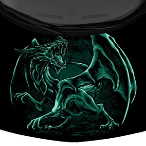 Light Teal Winged Dragon Face Snarling Black Truck Car Hood Wrap Vinyl Graphic Decal Print 58inx65in US Made Cast Laminated Option