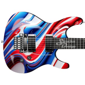 May include: An electric guitar with a white, red, and blue abstract swirl design. The guitar has a black body and a black neck with silver hardware.