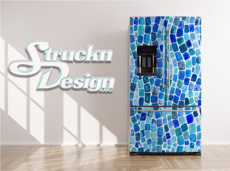 Patterned Refrigerator Blue Watercolor Mosaic Pattern Squares White Refrigerator Fridge ...