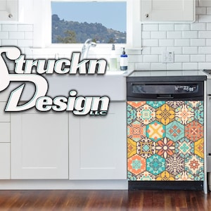 May include: A dishwasher with a colorful geometric pattern on the front. The pattern is made up of hexagons and squares in shades of orange, yellow, blue, green, and brown. The dishwasher is in a kitchen with white cabinets and a white tiled backsplash.