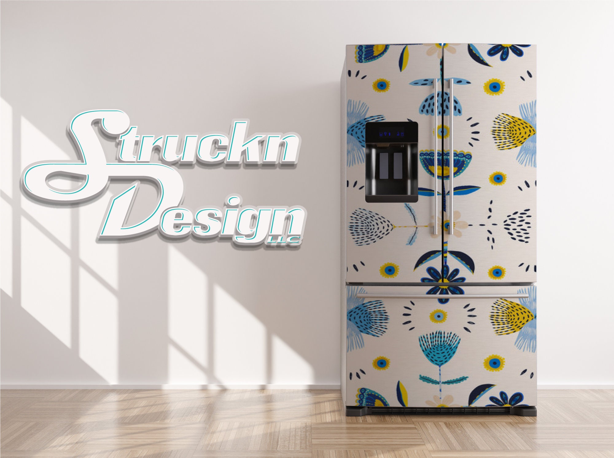 Ukrainian Blue Yellow Floral Pattern Refrigerator Fridge Freezer Wrap Side by Side Top Bottom Door Vinyl Mural Skin Decal Removable