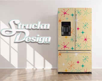 Colorful Bright Stars Vintage Retro Design Refrigerator Fridge Freezer Wrap Side by Side Top Bottom Door Vinyl Mural Skin Decal Removable