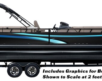 May include: A black pontoon boat with a blue and white graphic design on the side. The boat is on a trailer and has a Mercury outboard motor. The text "Suckin Design" is on the side of the boat. Includes Graphics for Both Sides of Boat Shown to Scale at 0.61 metres tall x 7.32 metres long.