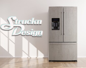 Puede incluir: Un refrigerador de acero inoxidable con dispensador de agua y hielo. El refrigerador está en una habitación blanca con suelo de madera. El texto "Struckn Design LLC" está en la pared.