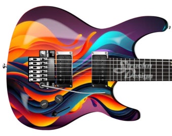 Puede incluir: Una guitarra eléctrica negra con un diseño abstracto colorido con remolinos naranja, amarillo, azul y morado. La guitarra tiene un cuerpo negro y un mástil negro con herrajes plateados.