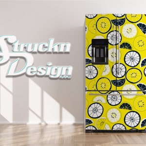 Yellow Navy Lemon Slice Citrus Illustration Refrigerator Fridge Freezer Wrap Side by Side Top Bottom Door Vinyl Mural Skin Decal Removable