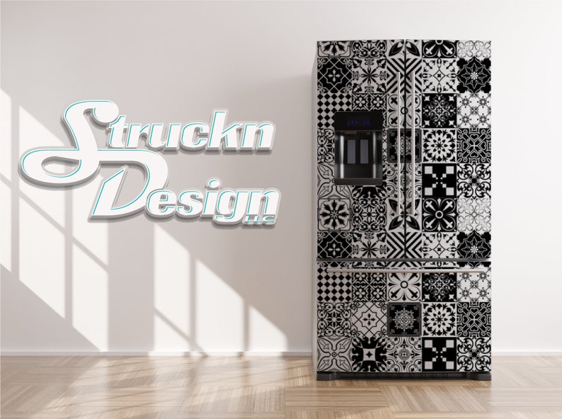 Patterned Refrigerator Black White Portuguese Style Tiles Refrigerator Fridge Freezer Wrap ...