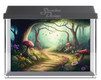 Enchanted Mushroom Forest Pathway Woodland 10mil Polyester Fish Tank Glass Backdrop Aquarium Background Waterproof Grey Opaque Backer