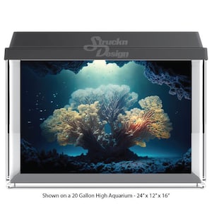 May include: A 20-gallon high aquarium with a coral reef background. The background features a large coral formation with a light blue, yellow, and orange color scheme. The aquarium is 24 inches wide, 12 inches deep, and 16 inches tall.