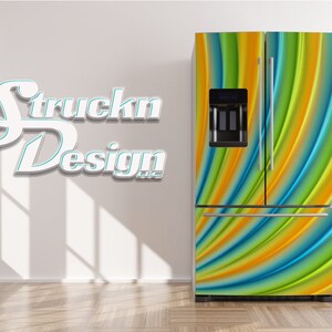 Glowing Green Orange Blue Curved Wave Refrigerator Fridge Freezer Wrap Side by Side Top Bottom Door Vinyl Mural Skin Decal Removable