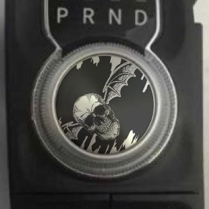 May include: A black and white skull with wings graphic on a silver car gear shift knob. The knob is round and has a silver ring around the edge.