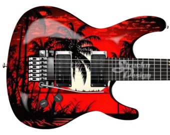 Palm Trees Crimsom Sky Red Black Metal Bass Vinyl Decal Guitar Wrap Skin Laminate Bubble Free Air Release Graphic Peel & Stick Multi Size