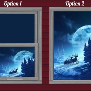 May include: Two window frames with different images. The left frame shows a dark blue sky with a full moon and a silhouette of a sleigh pulled by reindeer. The right frame shows a full moon, a snowy landscape, and a sleigh pulled by reindeer.