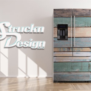Rustic Planks Wood Tan Blue Barn Style Art Refrigerator Fridge Freezer Wrap Side by Side Top Bottom Door Vinyl Mural Skin Decal Removable