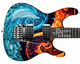 Puede incluir: Una guitarra eléctrica con un diseño de llamas azules y naranjas. La guitarra tiene un cuerpo negro y un mástil negro. El diseño presenta un patrón de llamas azules y naranjas en espiral.