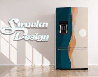 May include: A teal, beige and orange abstract design refrigerator wrap. The design features a wavy pattern with a teal background and beige and orange accents. The refrigerator has a water and ice dispenser.