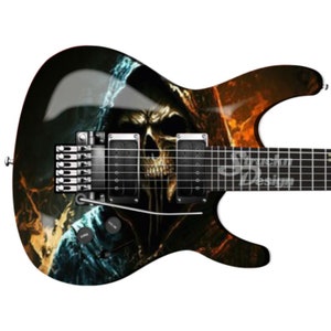 Hooded Skeleton Skull Reaper Flames Metal Bass Vinyl Decal Guitar Wrap Skin Laminate Air Release Bubble Free Graphic Peel & Stick Multi Size