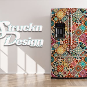 Colorful Decretive Mandala Circle Diamond Refrigerator Fridge Freezer Wrap Side by Side Top Bottom Door Vinyl Mural Skin Decal Removable