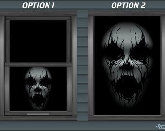 May include: Two window images with the text "OPTION 1" and "OPTION 2" above each.  The windows are black with a white frame.  The image on the left shows a scary face peering through the window.  The image on the right shows a scary face filling the entire window.