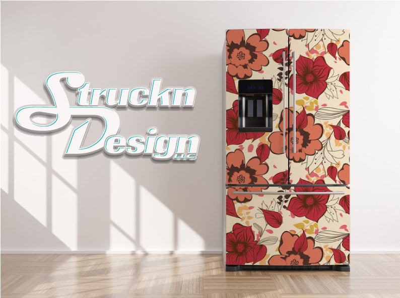 Vintage Floral Design Dark Red Refrigerator Fridge Freezer Wrap Side by ...