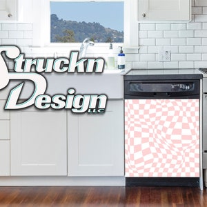 May include: A pink and white checkered dishwasher magnet with a wavy, abstract design. The magnet is applied to a stainless steel dishwasher door in a kitchen setting.