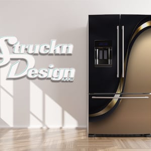 May include: A black and gold refrigerator with a modern design. The refrigerator has a water and ice dispenser on the door. The refrigerator is in a room with white walls and a wood floor.