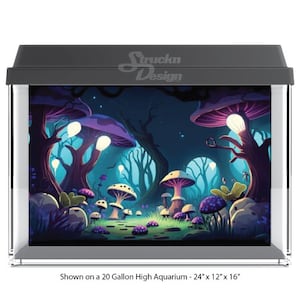 Dark Glowing Fantasy Style Mushroom Forest Green 10mil Polyester Fish Tank Glass Backdrop Aquarium Background Waterproof Grey Opaque Backer