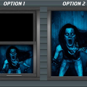 Blue Tint Scary Woman Ghost Horror Window Backlit Wall Backdrop Banner Inside / Outside Halloween Decoration Decor Easy Hanging Grommet