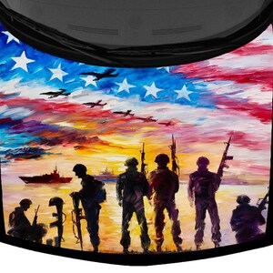 Soldiers Painted Scenic American Flag Design SUV Van Car Pickup Truck Hood Wrap Vinyl Graphic Decal 58x 65&quot; US Made Cast Laminated Option