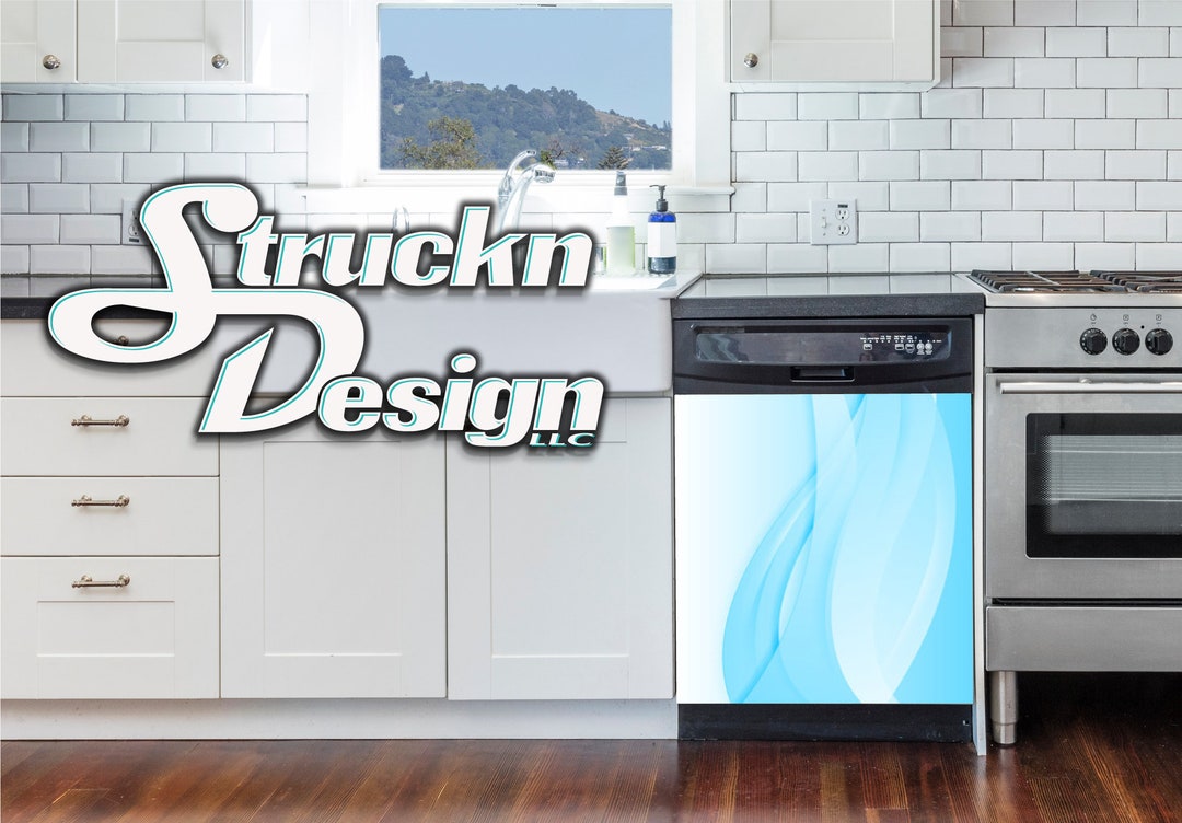 Blue White Fading Wave Curved Line Dishwasher Wrap Dishes Front Door