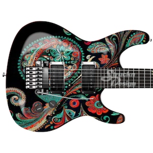 Teal Red Mosaic Floral Black Guitar Bass Metal Vinyl Wrap Skin Decal Laminate Air Release Bubble Free Graphic Peel & Stick Multi Size
