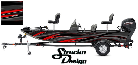 Red Grey Curves Tribal Modern Abstract Grunge Bass Fishing Fish Hunting  Design Vinyl Pontoon Graphic Boat Wrap Kit Decal DIY Vehicle USA US