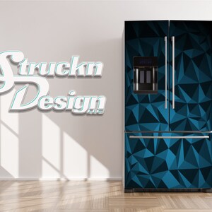 Abstract Blue Black Polygonal Geometric Refrigerator Fridge Freezer Wrap Side by Side Top Bottom Door Vinyl Mural Skin Decal Removable USA