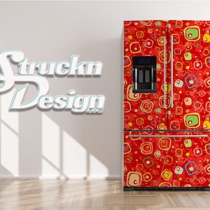 Retro Red Abstract Funky Shapes Design Refrigerator Fridge Freezer Wrap Side by Side Top Bottom Door Vinyl Mural Skin Decal Removable