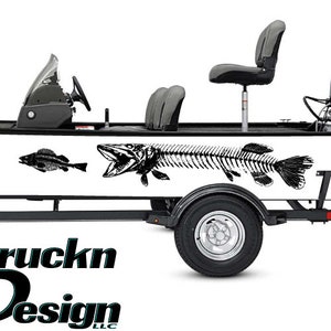 Hunting Skeleton Skull Muskellunge Musky Chasing Bass Fish Fishing Boat Graphic Wrap Decal Vehicle Vinyl - 75&quot; x 12&quot; USA - Printed on Clear