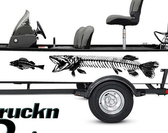 Jacht skelet Schedel Muskellunge Musky Chasing Bass Fish Fishing Boat Graphic Wrap Decal Vehicle Vinyl - 75 "x 12" USA - Gedrukt op Clear