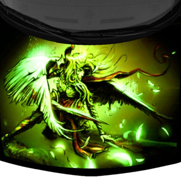 Battling Angel Warrior Wings Green Sexy Women Van SUV Car Pickup Truck Hood Wrap Vinyl Graphic Decal 58x 65 "US Made Cast Laminated Option