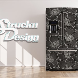 Weiße Blume Line Art Kohle Schwarz Kühlschrank Kühlschrank Gefrierfach Wickeln Seite an Seite Oben Boden Tür Vinyl Wandbild Haut Aufkleber abnehmbar