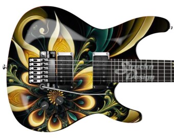 Puede incluir: Una guitarra eléctrica negra con un diseño floral en amarillo, verde y azul. La guitarra tiene una golpeador negro y un puente plateado.
