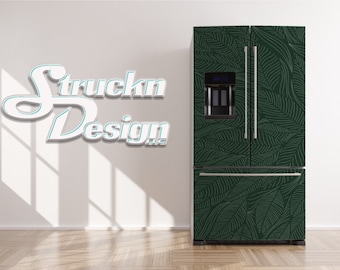 May include: A stainless steel refrigerator with a dark green, leafy patterned design. The refrigerator has a water and ice dispenser on the door.