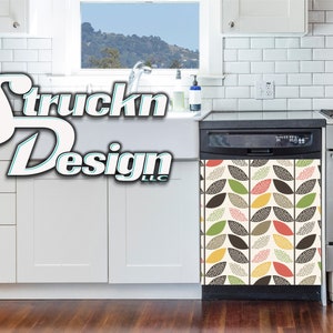 Dotted Leaf Vine Green Pink Black Dishwasher Wrap Dishes Front Door Vinyl Mural Skin Decal Removable