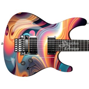 May include: A colorful electric guitar with a swirling abstract design in shades of orange, pink, blue, and purple. The guitar has a black body and a silver bridge.